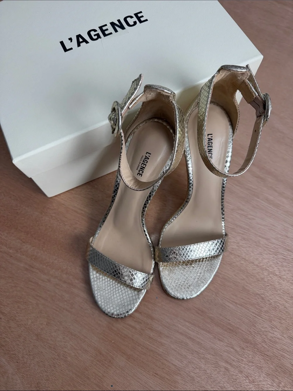 L'AGENCE Metallic Gold Snake-Embossed Ankle-Strap Stilettos